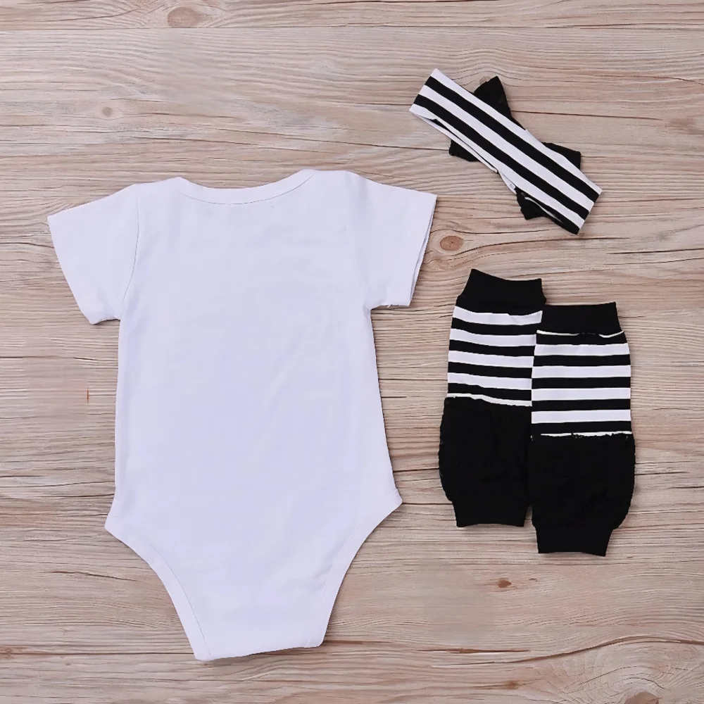 Baby Girl White Onesie Lace Striped Leg Warmers & Bow Hairband 3Pc Kids Set 0-3M